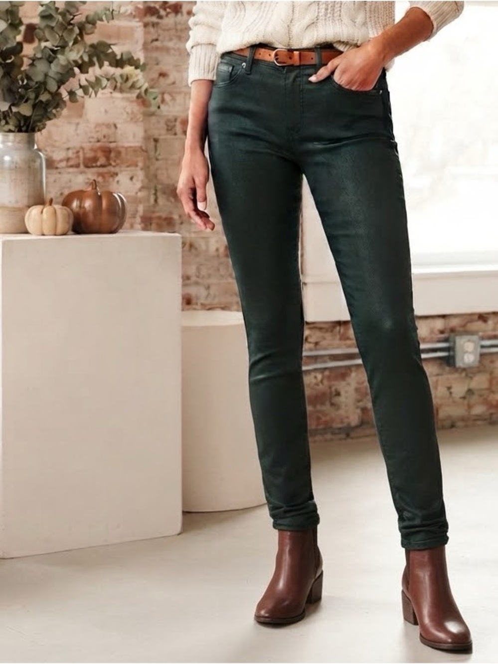 Rich & Skinny Waxed Coated Dark Green Skinny Jeans Size 28